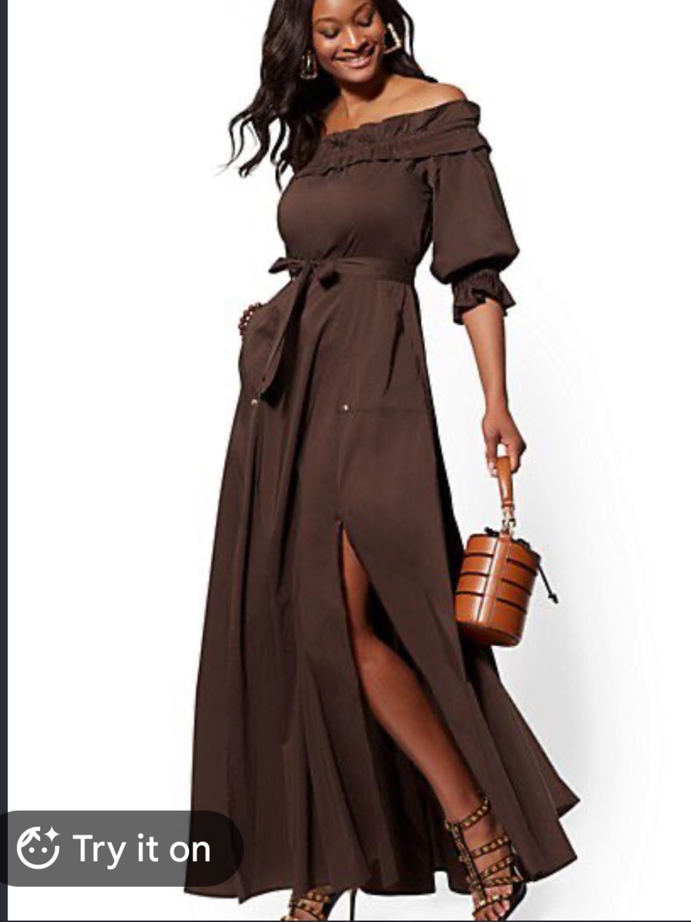 NEW New York & Co Medium Long Brown Dress Off Shoulder Front Slits Deep Pockets